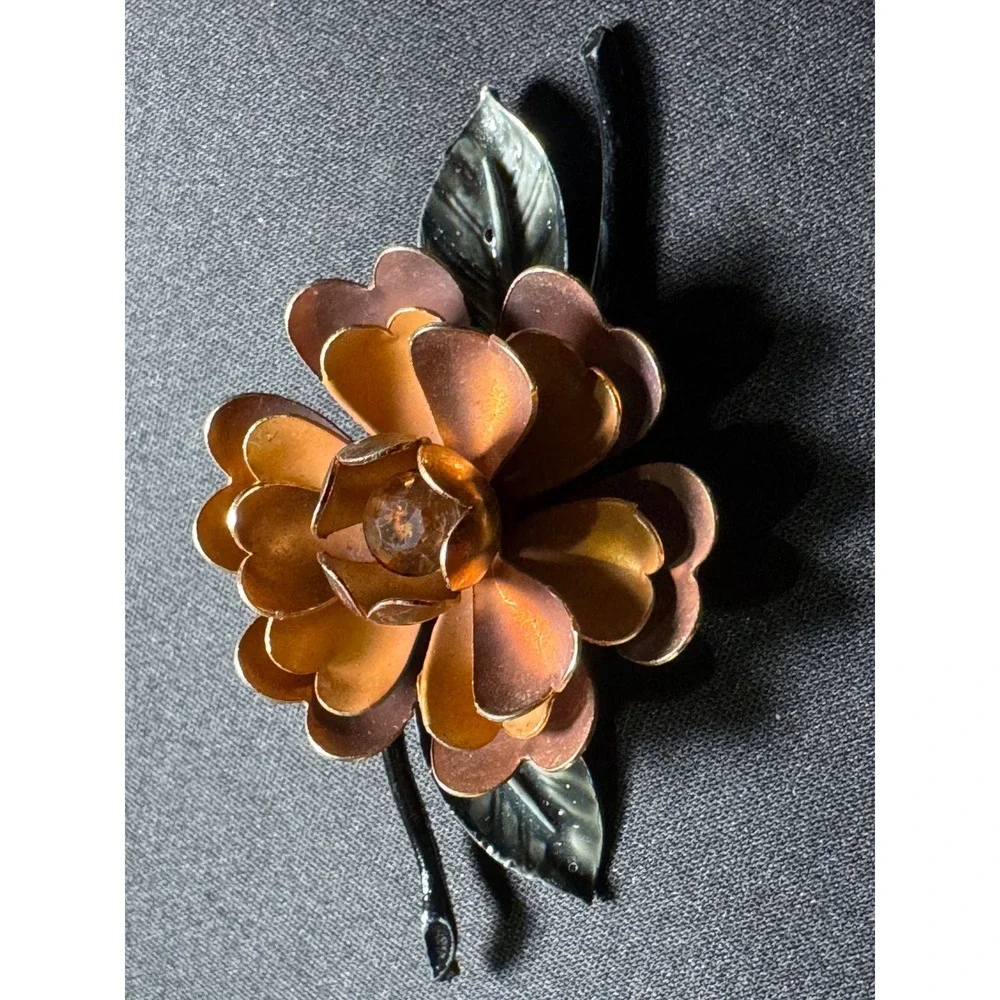 Vintage Coro Floral Brooch Copper Gold Tone Enamel Flower Amber Rhinestone Pin